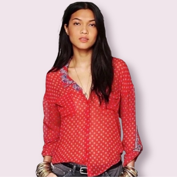 Free People | Tops | Free People Easy Rider Sheer Red Floral Shirt Size ...